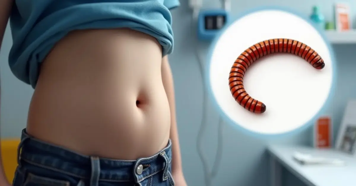 Abdomen d’un enfant avec illustration d’un ver intestinal représentant une infestation d’oxyures