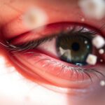 Œil rouge et irrité chez une personne souffrant d’allergie aux yeux pollen, entouré de particules de pollen.