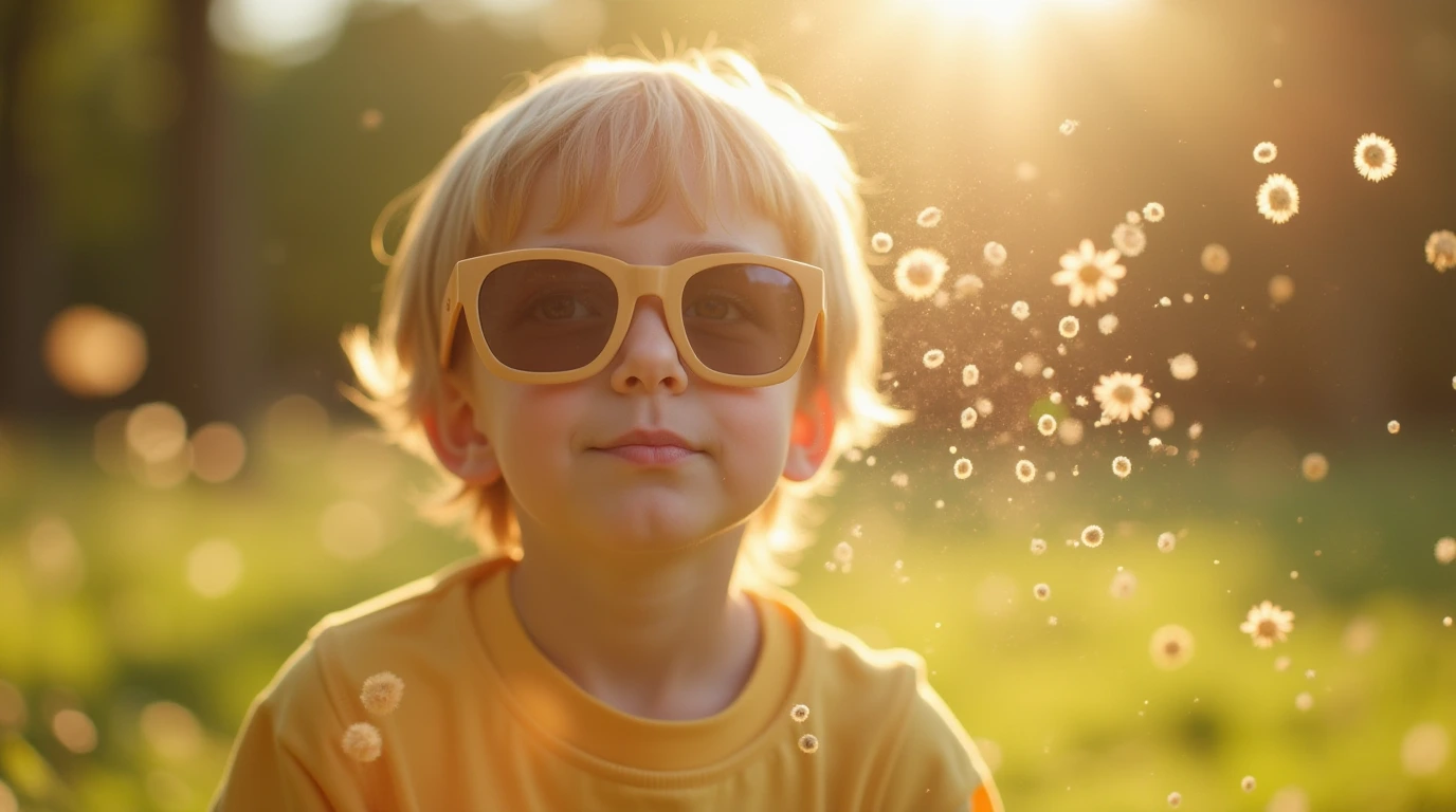 Enfant portant des lunettes protectrices contre allergie aux yeux pollen dans un parc avec pollens visibles