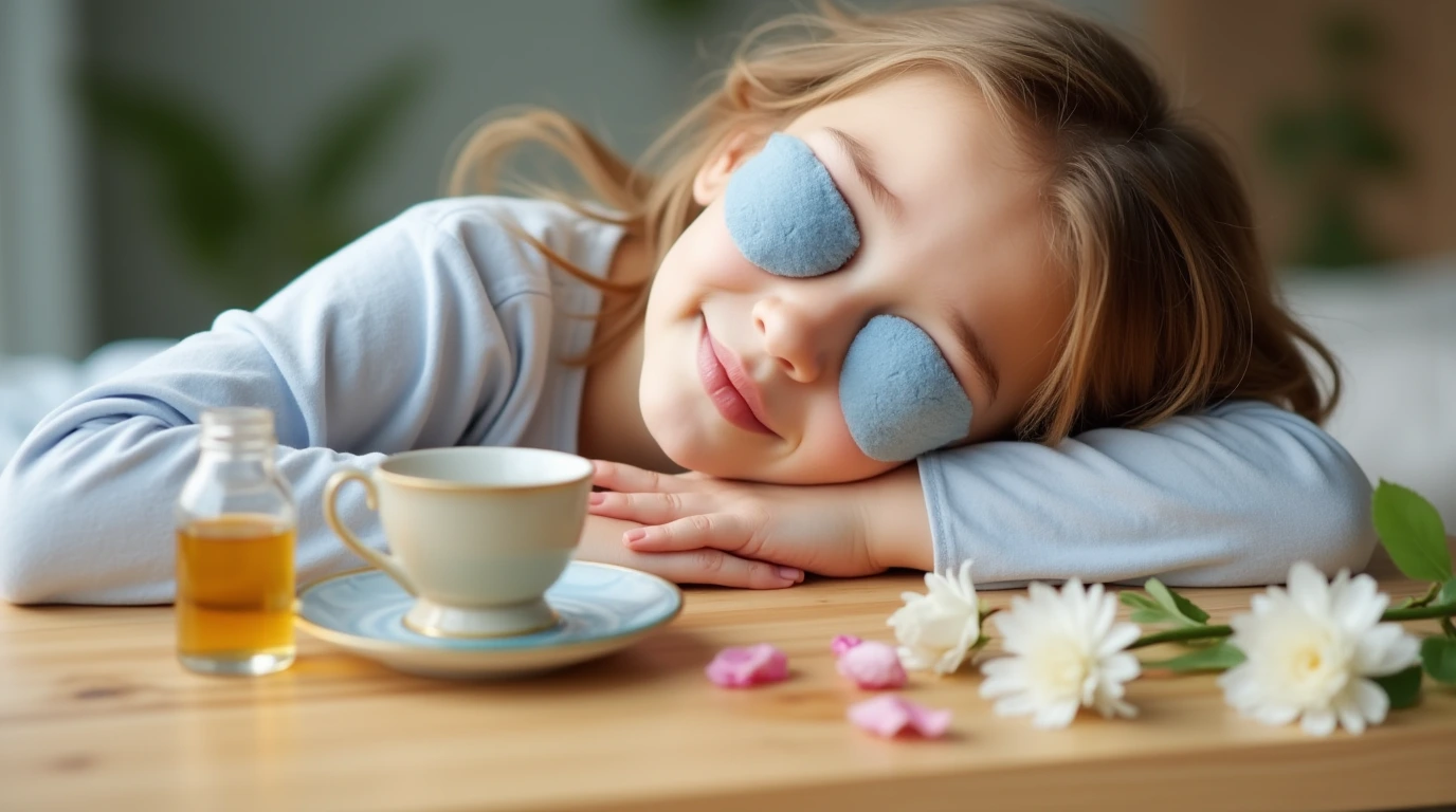 Enfant soulagé d'allergie aux yeux pollen avec compresse froide et remèdes naturels à base de camomille