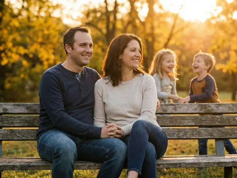 parents séparés regardant leurs enfants jouer dans un parc en harmonie